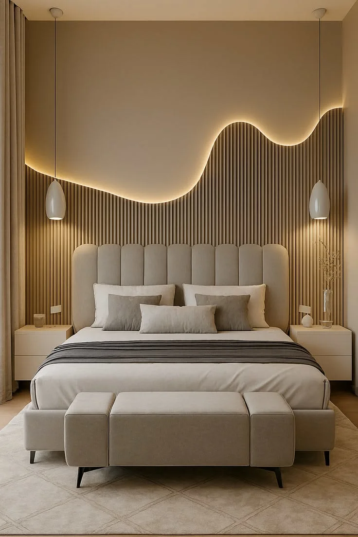 Bedroom lighting, wall treatment and false ceiling design